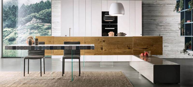 Cuisine haut de gamme de la marque LAGO ilot suspendu en bois wildwood sur Nîmes près de Montpellier