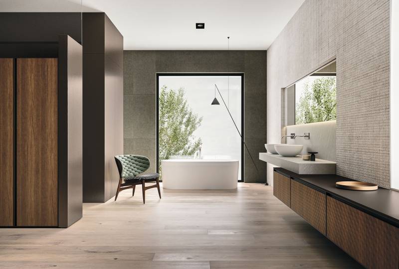  salle de bain moderne italienne sur mesure façade bois texturé et baignoire Belt à Nîmes près de Montpellier