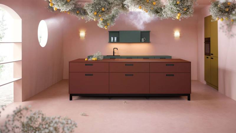 Une cuisine aménagée sur mesure colorée avec îlot central  par Showroom443 à Nîmes