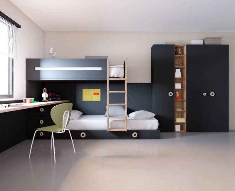 dressing sur mesure pour une chambre d'enfant noir et niche bois à Nîmes dans le Gard