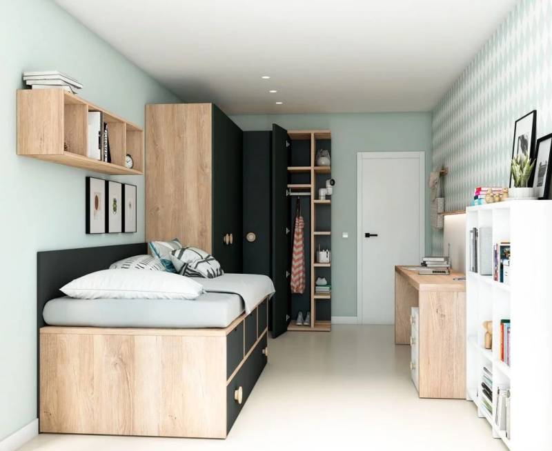 dressing sur mesure pour une chambre d'enfant noir et bois vue de l'intérieur à Nîmes dans le Gard