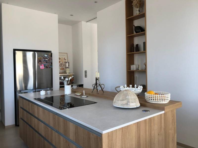 Concevoir une cuisine haut de gamme en bois naturel avec plan de travail structuré et prises intégrées à Nîmes