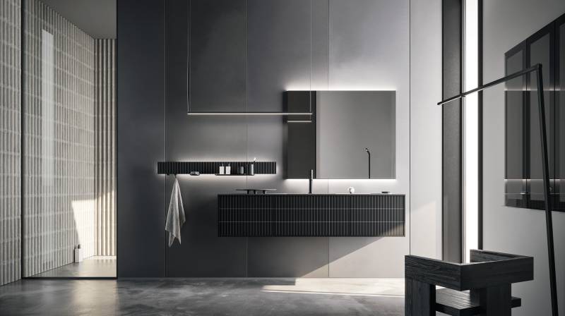 Salle de bain haut de gamme italienne, modèle Sky texture chez Showroom443 à Nîmes dans le Gard