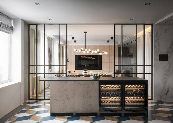 tendances cuisines 2023 , la cuisine ouverte avec îlot vue depuis le séjour à Nîmes près de Montpellier