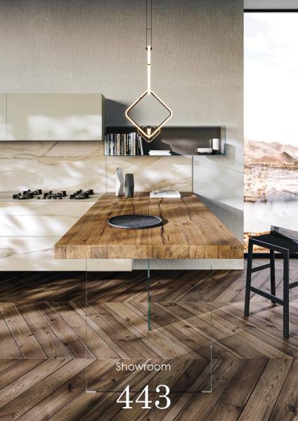 Cuisine haut de gamme de la marque LAGO table suspendue en bois sur Nîmes près de Montpellier