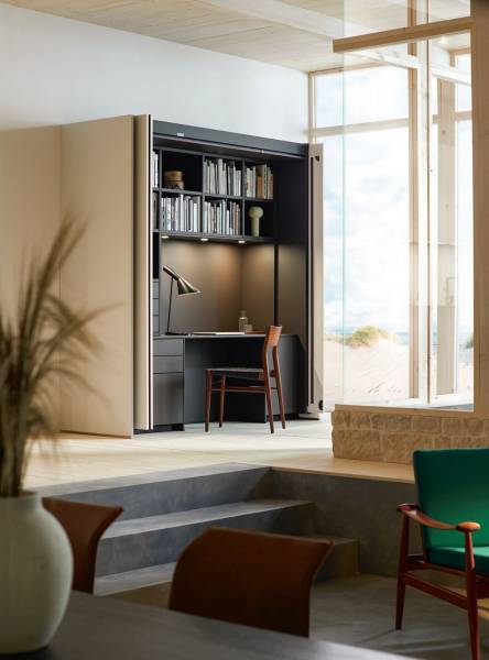 Une cuisine ou un bureau dissimulé grâce au Pocketsystem  de la marque premium next125 à Nîmes