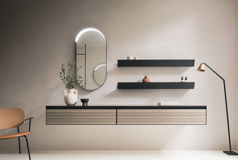 Meuble de salle de bain en bois, composition meubles suspendus ARBI chez Showroom443