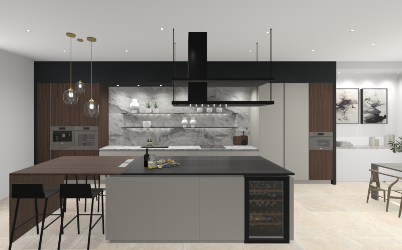 Cuisiniste haut de gamme, vue 3D d'une cuisine allemande Schüller installée sur Nîmes à proximité d'Uzès 